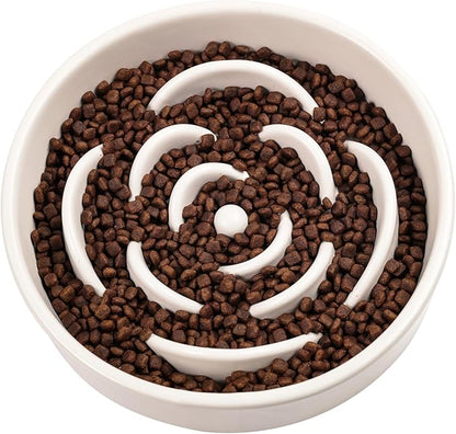 White Ceramic Dog Bowl Slow Feeder for Medium and Large Breed,1.5 Cup 8.26 in Slow Feeding Bowl,Puzzle Dog Food Bowl for Fast Eater,Maze Dish for Fast Eater