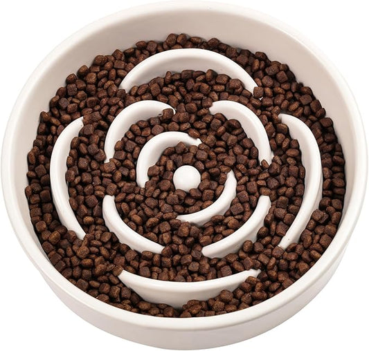 White Ceramic Dog Bowl Slow Feeder for Medium and Large Breed,1.5 Cup 8.26 in Slow Feeding Bowl,Puzzle Dog Food Bowl for Fast Eater,Maze Dish for Fast Eater