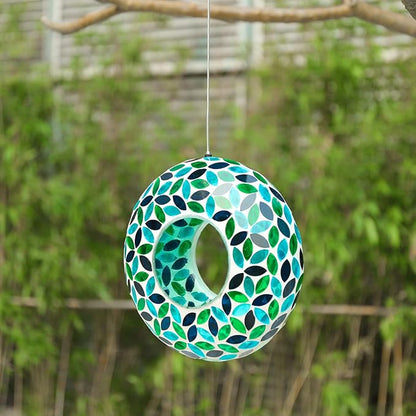 VCUTEKA Bird Feeder Mosaic Fly Through Bird Feeders for Outside Hanging with Round Shape Glass Container to Attract More Wild Birds for Garden, Yard, Backyard, Deck and Porch Decor, Green 10-Inch