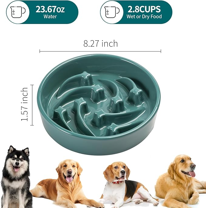 8.26 in Deep Green Dog Bowl Slow Feeder Ceramic for Medium and Large Breed,Slow Feeding Dog Food Water Dish Heavy Weighted,Puppy Dish for Fast Eaters,Puzzle Eating Bowl Meteor
