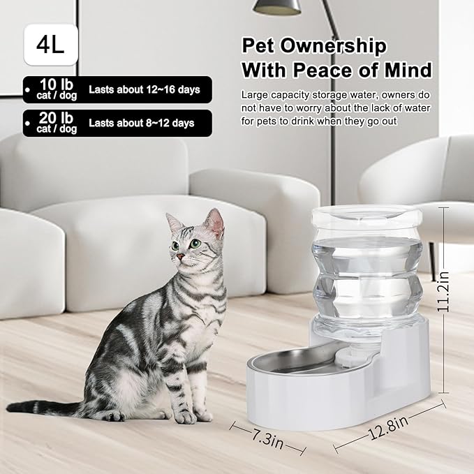 RIZZARI Dog Water Bowl Dispenser: 4L Automatic Stainless Steel Gravity Feeder - Large Capacity Ideal for Cats and Small Dogs - Indoor and Outdoor Hydration