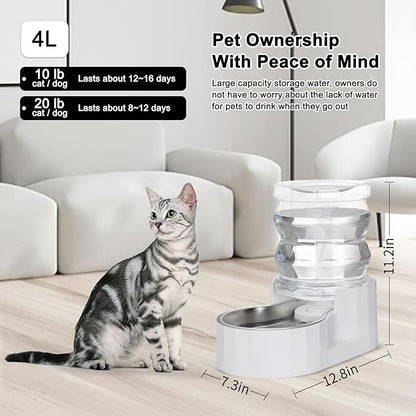 RIZZARI Dog Water Bowl Dispenser: 4L Automatic Stainless Steel Gravity Feeder - Large Capacity Ideal for Cats and Small Dogs - Indoor and Outdoor Hydration