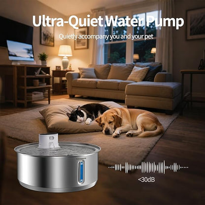 Wireless Dog Water Fountain, 2.1Gal/8L Battery Operated Stainless Steel Pet Water Fountain Motion Sensor Dog Water Bowl Fountain Large Dog Bowl Inside with 3 Filters and 2 Ultra Quiet Pumps