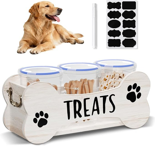 WGFKVAS Dog Treat Storage Containers, 3 Jar Pet food container, White Wooden Pet Food Dispenser for Dogs & Puppies, Perfect Food Storage Solution and Gift for Dog Owners