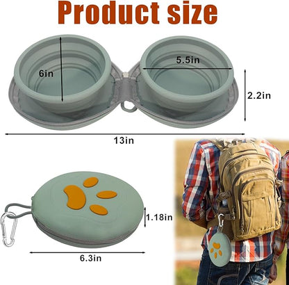 2-in-1 Collapsible Silicone Pet Bowl Double Compartment Portable Dog Cat Dish with Carabiner Clip for Travel Camping Hiking (Green)