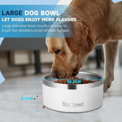 StarSpeed Stainless Steel Dog Bowl. Water Bowls for Large Dogs with Rubber Bottom, Drop Resistant and Durable, Keeps Cold, Holds 8 Cups of Water, Fits Different Size Dog Bowls. (64oz, White)