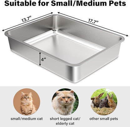 Stainless Steel Litter Box 2 Pack,Small to Medium Litter Box for Kittens 17.7" x 13.7" x 4",Easy Clean Non Stick Easy Entry No Smell Metal Litterbox for Cat Kitty/Rabbits