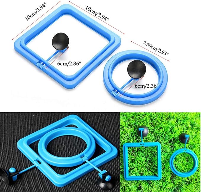 2 Pcs Fish Feeding Ring, Fish Safe Floating Food Feeder Circle Blue, with Suction Cup Easy to Install Aquarium, Square and Round Shape Fish Tank Towels - for Guppy, Betta, Goldfish, Etc. (Blue)¡­