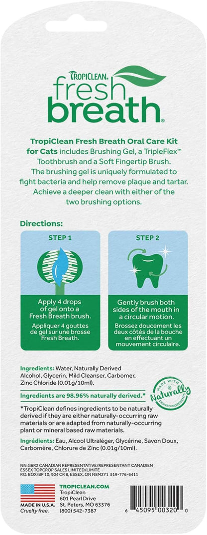 TropiClean Fresh Breath Toothbrush and Toothpaste Kit for Cats, Teeth Cleaning Kit for Plaque & Tartar Removal, Breath Freshener, Cat Dental Care