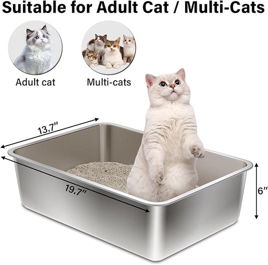Stainless Steel Litter Box, 20"x14"x6" Large Metal Cat Litter Box, Easy to Clean, Non Stick No Smell,Steel Litterbox for Adult Cats/Kitty