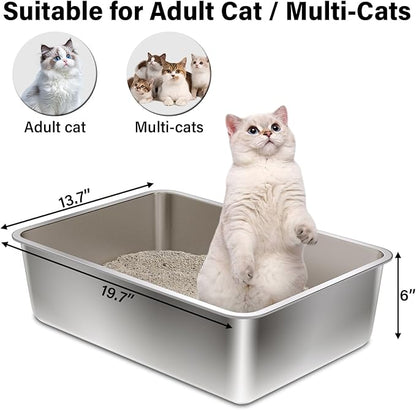Stainless Steel Litter Box 2Pack,19.68" x13.77.x6 Large Metal Cat Litter Box,Steel Litterbox for Adult Cats/Kitty,Easy to Clean, Non Stick No Smell