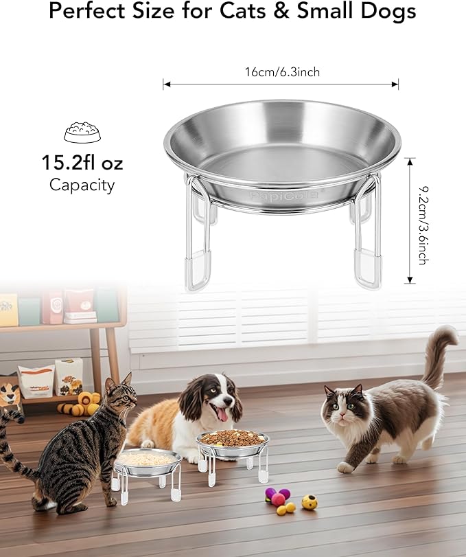 Upgrade Elevated cat Bowl, Raised Stainless Steel Cat Food and Water Dishes, Small Dog Bowl, Whisker Friendly, Anti-Vomiting, Neck Stress-Free, Non-Slip Stainless Steel Stand with 4 Legs- 3Pack