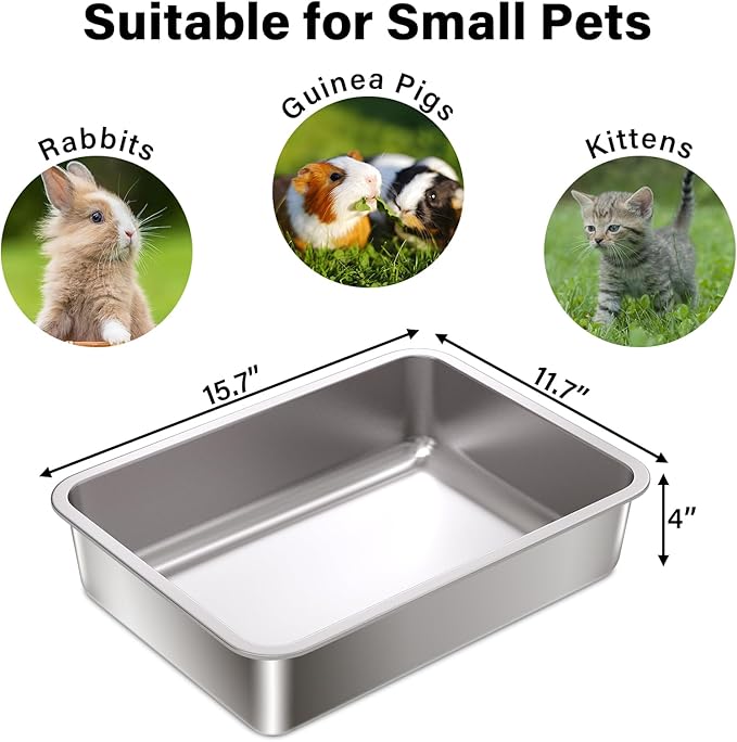 Stainless Steel Litter Box,15.7"×11.8"×4" Metal Cat Litter Box,Small Litterbox for Kitten,Rabbit,Guinea Pigs,Non Stick, No Smell, Easy to Clean