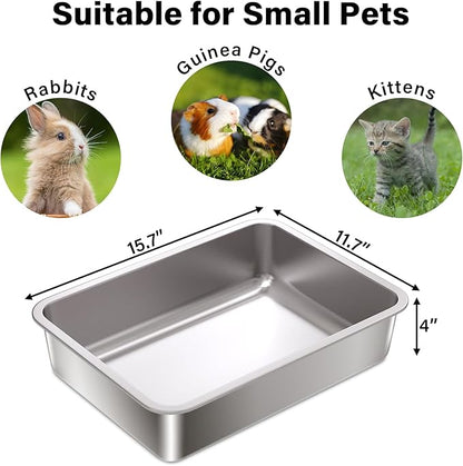 Stainless Steel Litter Box for Kitten,15.7"×11.8"×4" Metal Cat Litter Box,Small Litterbox for Kittens,Rabbit,Guinea Pigs,Non Stick, Non Odor, Easy to Clean