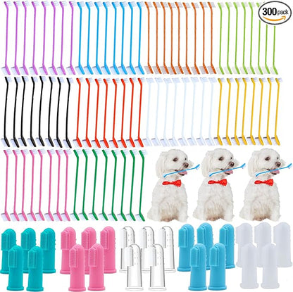 300 Pcs Dog Toothbrush Bulk, 150 Pieces Double Headed Toothbrush, 150 Finger Toothbrushes - Suitable for Small/Large Dogs, Cats, and Pets, Soft Bristled Teeth Cleaning, (10 Colors)