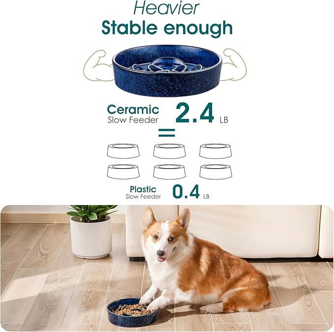 vancasso Slow Feeder Dog Bowl, 1.5 Cups Ceramic Slow Feeder for Medium Breed, Puzzle Maze Dog Food Bowl for Fast Eater, Blue