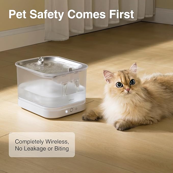 Cat Water Fountain Stainless Steel Battery Operated with Wireless Pump 84oz/2.5L Cat Water Dispenser Cordless Water Fountain with Motion Sensor, Ultra Quiet Pump, Multi-Filtration, Easy Clean