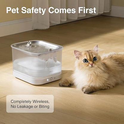 Cat Water Fountain Stainless Steel Battery Operated with Wireless Pump 84oz/2.5L Cat Water Dispenser Cordless Water Fountain with Motion Sensor, Ultra Quiet Pump, Multi-Filtration, Easy Clean