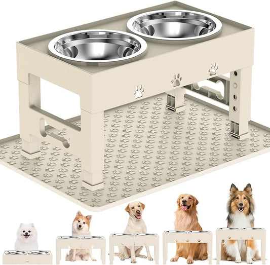 Elevated Dog Bowls with Mat, Raised Dog Food Bowl Stand with 2 Stainless Steel Bowls, 5 Height Adjustable (3.1", 9", 10", 11", 12") Non-Slip Feeder Set for Medium and Large Dogs – Apricot