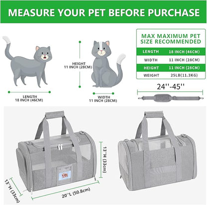20" Large Soft Sided Cat Carrier Pet Carrier for Cats Dogs Under 25 lbs, Folding Dog Carrier Cat Carrier for 2 Cats Travel Carrier Bag, Grey