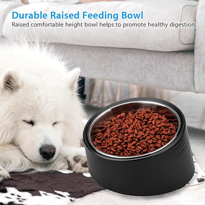 Tilted Angle Dog Bowl, 15° Slanted Stainless Steel Dog Cat Food Bowl, Non-Slip & Non-Spill Pet Feeder with Elevated Detachable Melamine Stand, Easy to Get Food Dish, Large 2 Cup Black