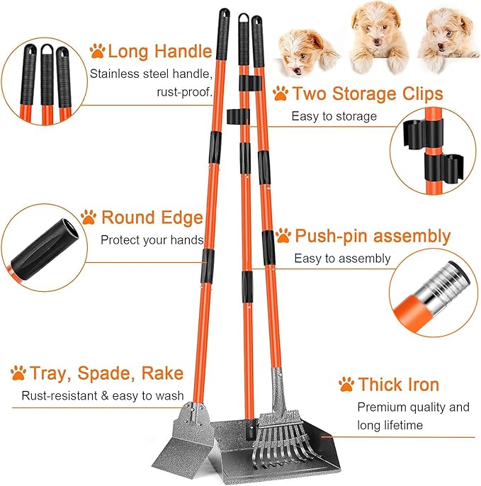 TNELTUEB Scooper Adjustable Long Handle Metal Tray Rake and Spade Poop Scooper for Dogs Pack Poop Scoop Pet Waste Removal Poop Scoop for Large Dogs and Pets Great for Lawns Grass Gravel