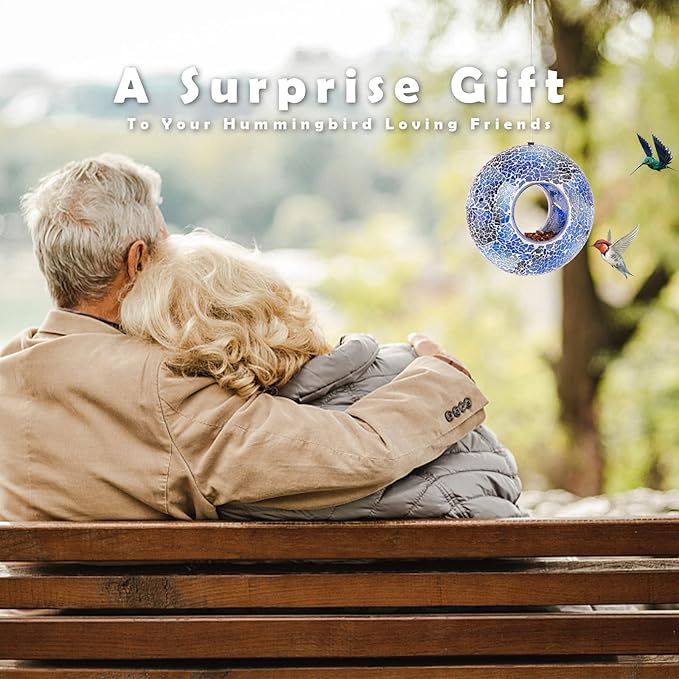 VCUTEKA Bird Feeder Mosaic Fly Through Bird Feeders for Outside Hanging with Round Shape Glass Container to Attract More Wild Birds for Garden, Yard, Backyard, Deck and Porch Decor, 8-Inch