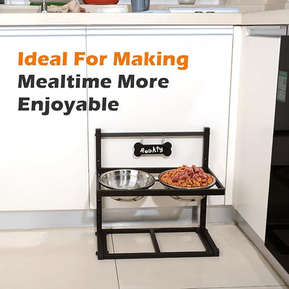 Elevated Dog Bowls with Slow Feeder Dog Bowls, 5 Height Adjustable Raised Bowl Stand with 2 Stainless Steel Food & Water Container, Pet Bowl Elevated for Medium Large Pet