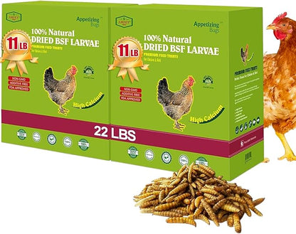 Amzey Dried Black Soldier Fly Larva-22 LBS(11LB/2Bags) -100% Natural BSF Larvae-85X More Calcium Than Dried Mealworms - High Calcium Treats for Chickens, Birds, Reptiles, Hedgehog, Turtles