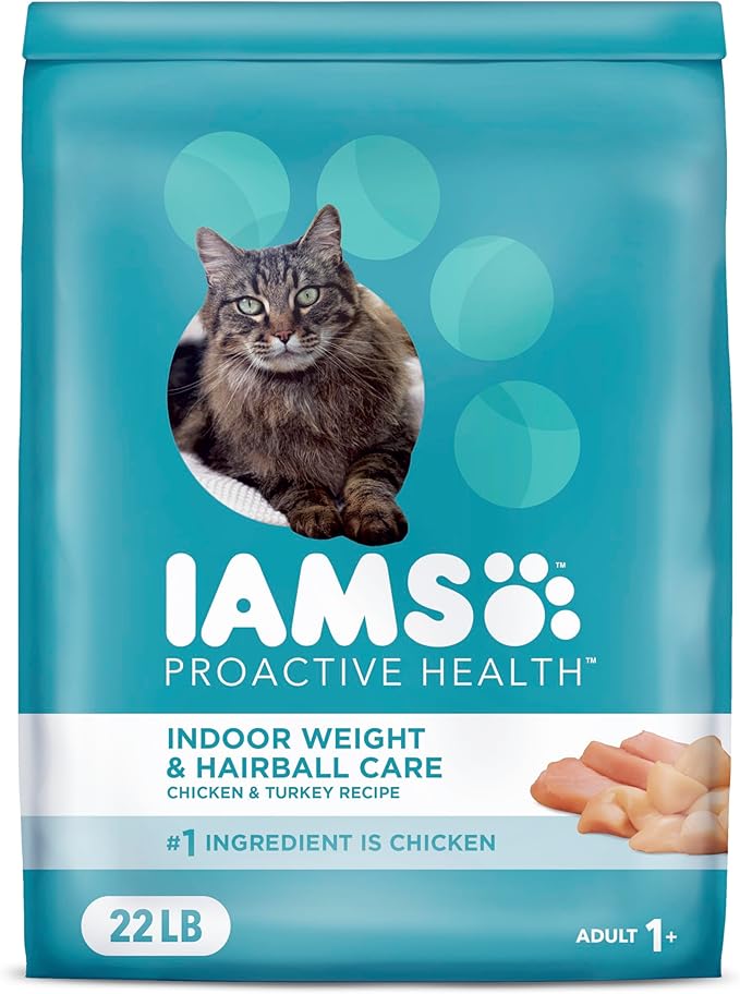 IAMS Proactive Health Indoor Weight Control & Hairball Care Adult Dry Cat Food, Chicken & Turkey Recipe, 22 lb. Bag