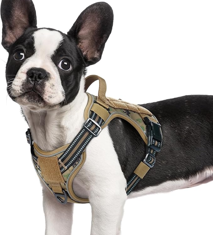 rabbitgoo Dog Harness Small Sized No Pull, Tactical Service Pet Vest with Molle and Control Handle, Adjustable and Reflective Military Harness for Easy Walking and Training, Brown camo, S