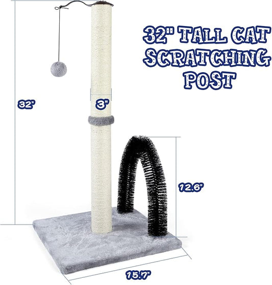 ANWA Tall Cat Scratching Post with Arch Self Groomer Massager, 32" Scratching Post for Indoor Cats from Kitten to Adult Cats, Stable Sisal Cat Post with Extra Interactive Dangling Plush Toy