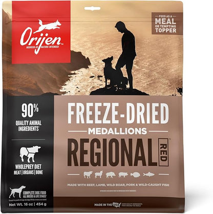 ORIJEN Grain Free High Protein Freeze Dried Dog Food & Topper Regional Red Recipe 16oz Bag