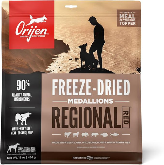 ORIJEN Grain Free High Protein Freeze Dried Dog Food & Topper Regional Red Recipe 16oz Bag