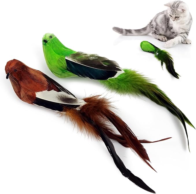 TTcat 2 Pcs Real Feather Cat Birds Toys Realistic Simulation Birds Toys with Bells for Indoor Cats Kittens.