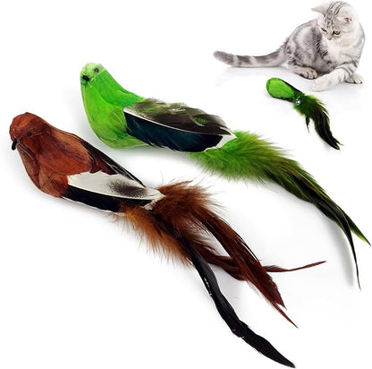 TTcat 2 Pcs Real Feather Cat Birds Toys Realistic Simulation Birds Toys with Bells for Indoor Cats Kittens.