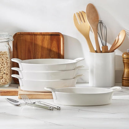 MALACASA Small Casserole Baking Dishes for Oven, Ceramic Oval Baking Dish Sets of 4, 8" x 5" Inch Au Gratin Baking Pans with Handles for Roasting, Lasagna, Pie, Baking Meat & Vegetables, White