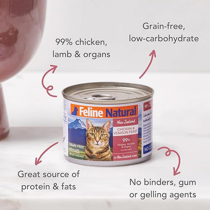 Feline Natural New Zealand Canned Catfood Wet Food, High-Meat, Low-Carb, & Grain Free Cat Food Wet, Chicken & Venison Feast, 6 oz, Pack of 12