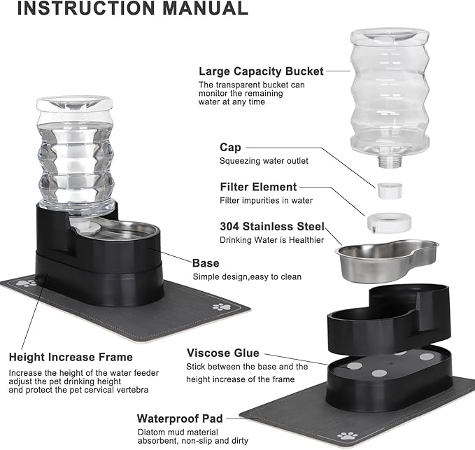 RIZZARI Automatic Cat Water Dispenser: Black 7L Elevated - Stainless Steel Gravity Feeder - Splash Guard Mat