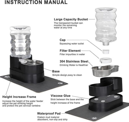 RIZZARI Automatic Cat Water Dispenser: Black 7L Elevated - Stainless Steel Gravity Feeder - Splash Guard Mat