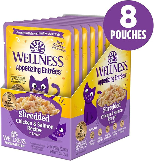 Wellness Appetizing Entrées Shredded Adult Wet Cat Food, Natural, Protein-Rich, Grain Free, 1.4 Ounce Pouch, 8 Pack (Chicken & Salmon Recipe)