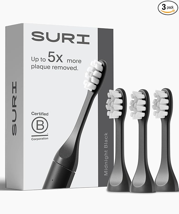 SURI Recyclable Plant-Based, Electric Toothbrush Heads - Built-in Tongue Scraper, Long Lasting Replacement Heads | Compatible Only Sonic Electric Toothbrush - Midnight Black, Pack of 3