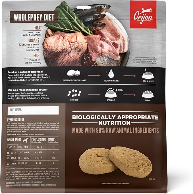 ORIJEN Grain Free High Protein Freeze Dried Dog Food & Topper Regional Red Recipe 16oz Bag