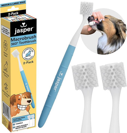 Jasper Macrobrush 360º, Dog Toothbrush for Medium to Large Dogs, Soft-Bristled Dog Tooth Brushing Kit - Premium Non-Slip Handle with 2 Replaceable Tooth Brush Heads, Use with Pet Toothpaste