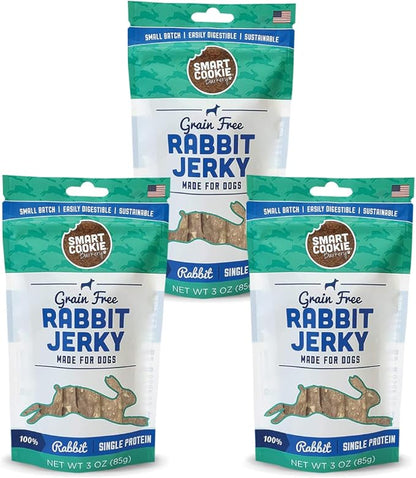 Smart Cookie Single Ingredient Rabbit Jerky Dog Treats - Training Treat Strips for Dogs and Puppies with Allergies, Sensitive Stomachs - Dehydrated, 100% Meat, Grain Free, Made in USA - 3oz, Pack of 3