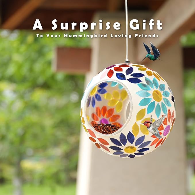 VCUTEKA Bird Feeder Mosaic Fly Through Bird Feeders for Outside Hanging with Round Shape Glass Container to Attract More Wild Birds for Garden, Yard, Backyard, Deck and Porch Decor, 7-Inch