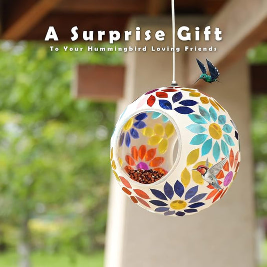 VCUTEKA Bird Feeder Mosaic Fly Through Bird Feeders for Outside Hanging with Round Shape Glass Container to Attract More Wild Birds for Garden, Yard, Backyard, Deck and Porch Decor, 7-Inch