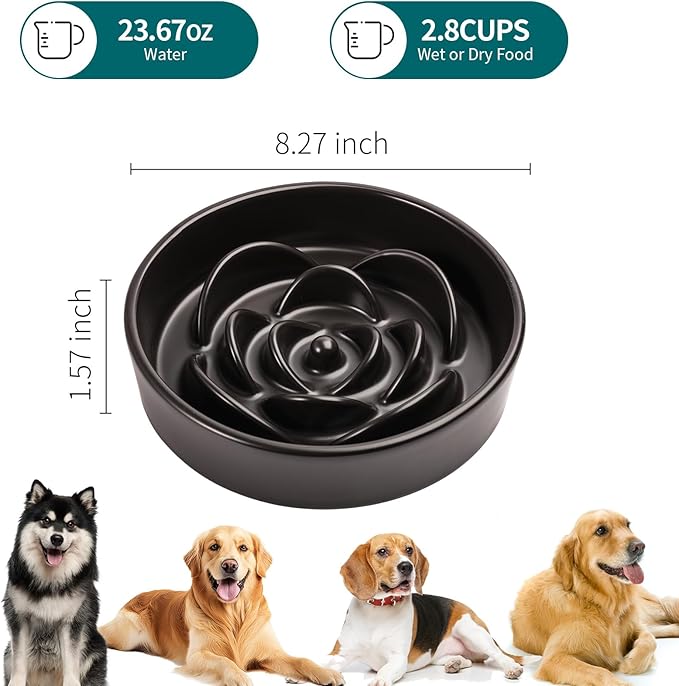 8.26 in Black Dog Bowl Slow Feeder Ceramic for Medium and Large Breed,Slow Feeding Dog Food Water Dish Heavy Weighted,Puppy Dish for Fast Eaters,Puzzle Eating Bowl Modern Maze