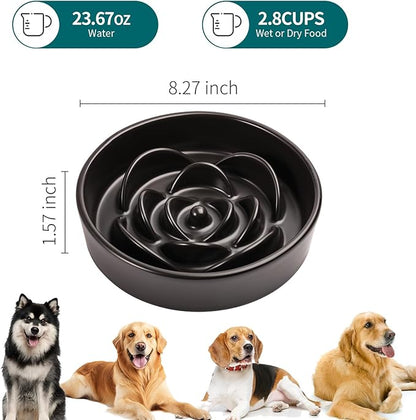 8.26 in Black Dog Bowl Slow Feeder Ceramic for Medium and Large Breed,Slow Feeding Dog Food Water Dish Heavy Weighted,Puppy Dish for Fast Eaters,Puzzle Eating Bowl Modern Maze