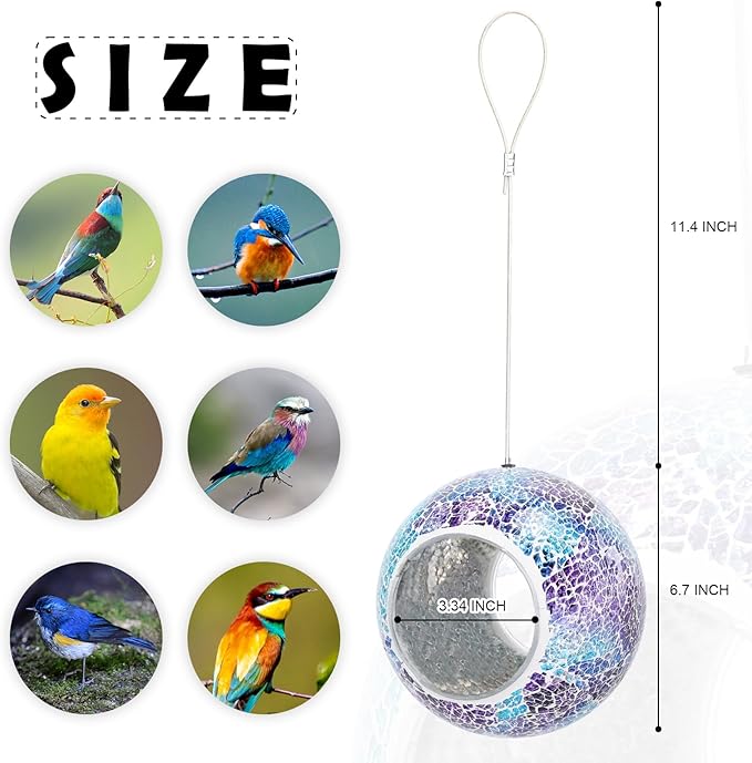VCUTEKA Mosaic Bird Feeder, Round Glass Container Hanging Bird Feeders for Gardens, Yards, Decks to Attract Wild Birds, 7-Inch Purple Blue